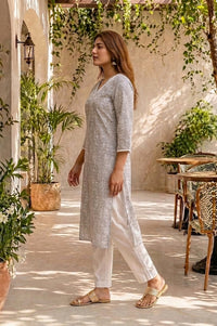 Grey Floral Printed Pure Cotton Straight Kurta