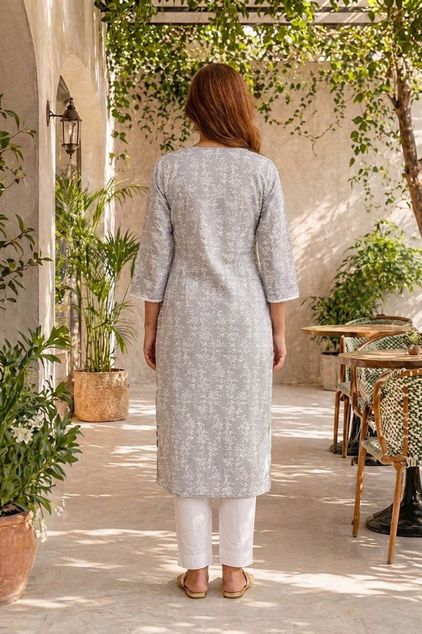 Grey Floral Printed Pure Cotton Straight Kurta