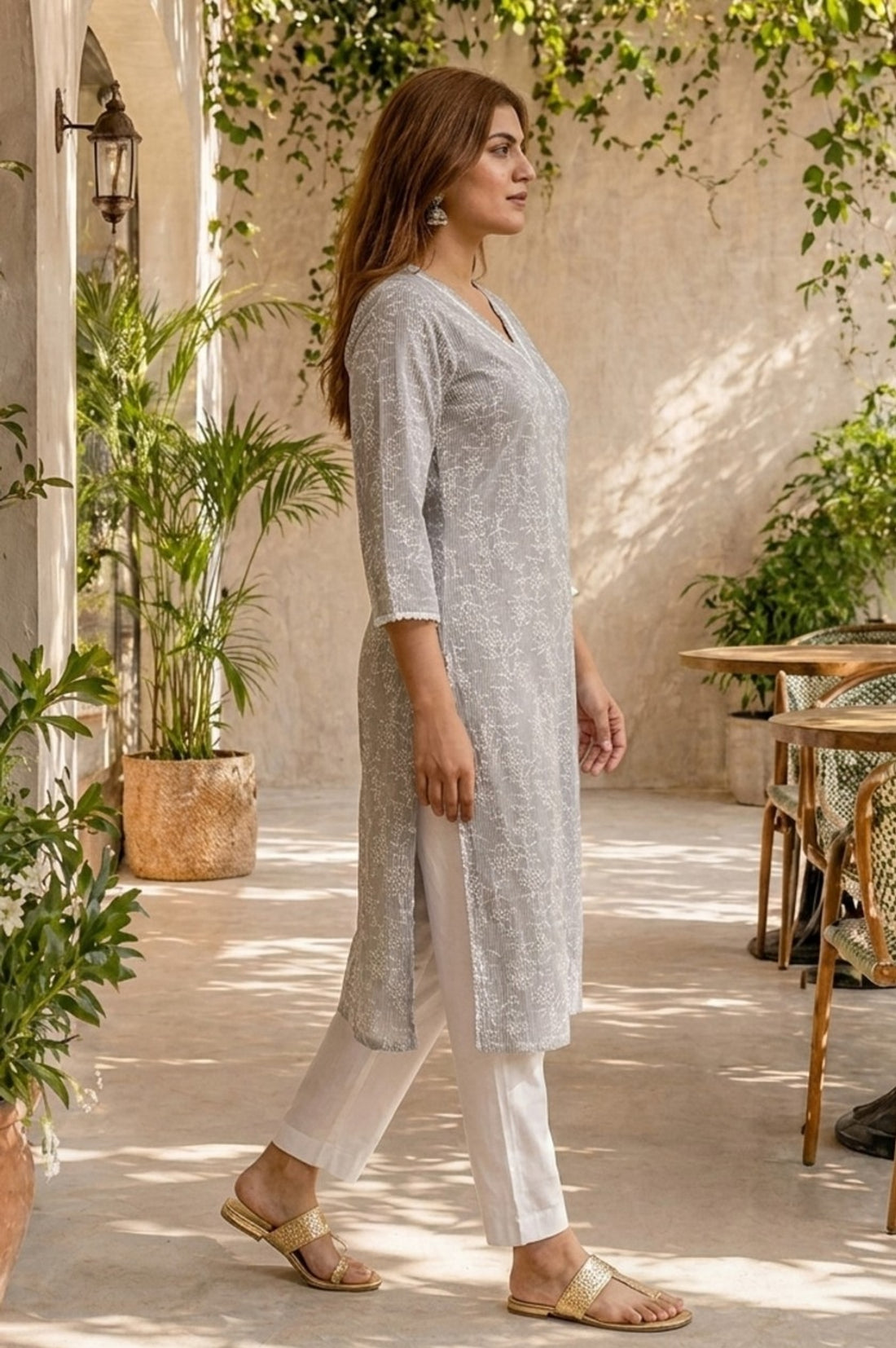 Grey Floral Printed Pure Cotton Straight Kurta