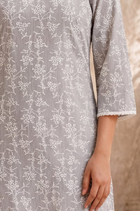 Grey Floral Printed Pure Cotton Straight Kurta