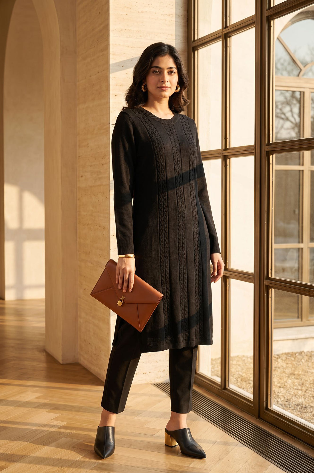 Black Yarn Dyed Textured Acrylic Straight Winter Kurta