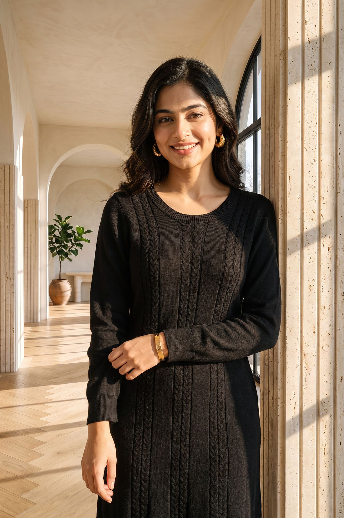 Black Yarn Dyed Textured Acrylic Straight Winter Kurta