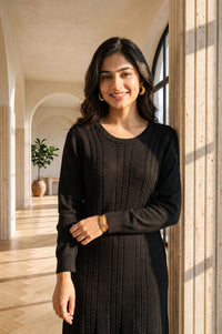 Black Yarn Dyed Textured Acrylic Straight Winter Kurta