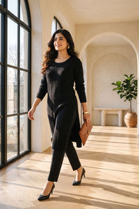 Black Yarn Dyed Textured Acrylic Straight Winter Kurta