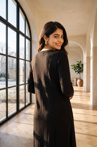 Black Yarn Dyed Textured Acrylic Straight Winter Kurta