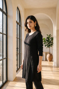 Black Yarn Dyed Textured Acrylic Straight Winter Kurta