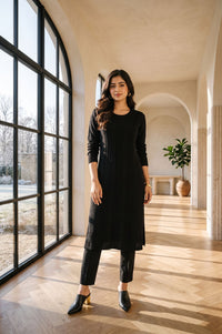 Black Yarn Dyed Textured Acrylic Straight Winter Kurta