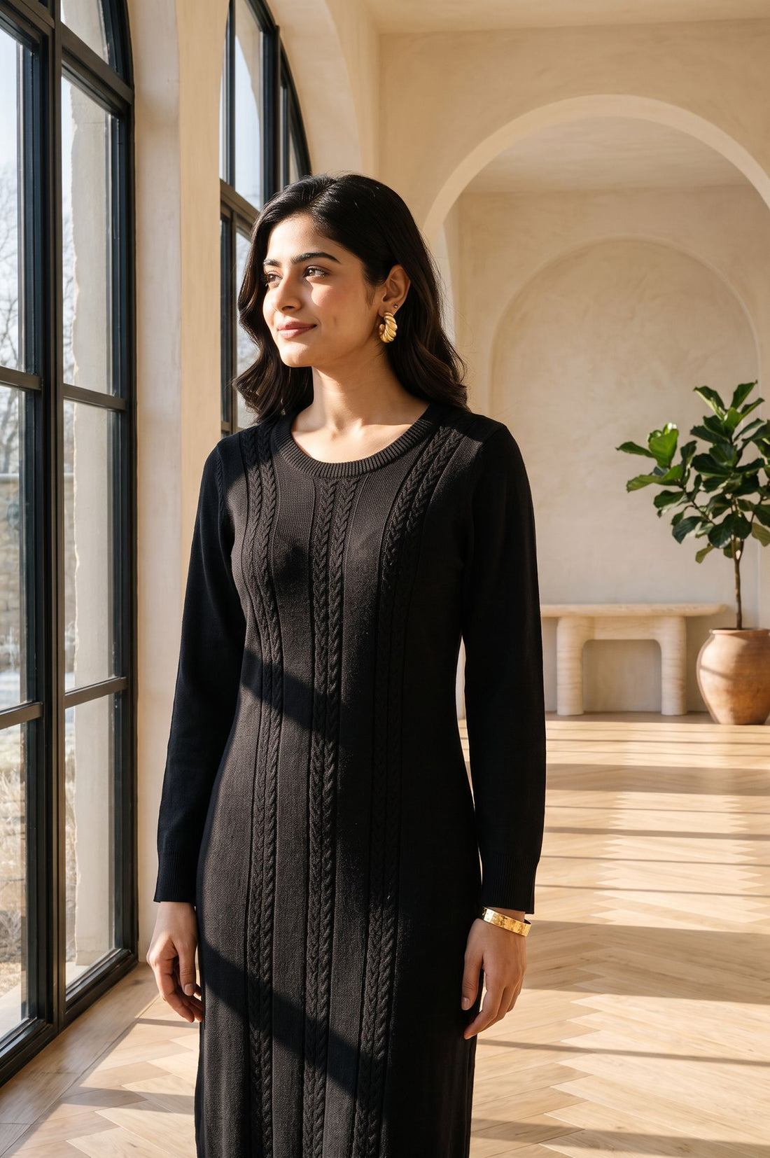 Black Yarn Dyed Textured Acrylic Straight Winter Kurta