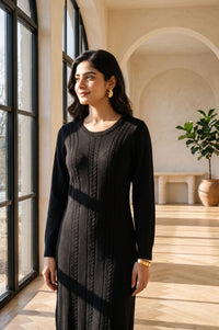 Black Yarn Dyed Textured Acrylic Straight Winter Kurta