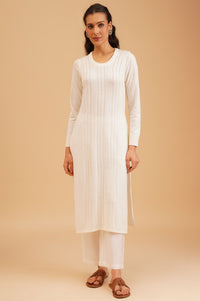 Off White Textured Acrylic Straight Winter Kurta