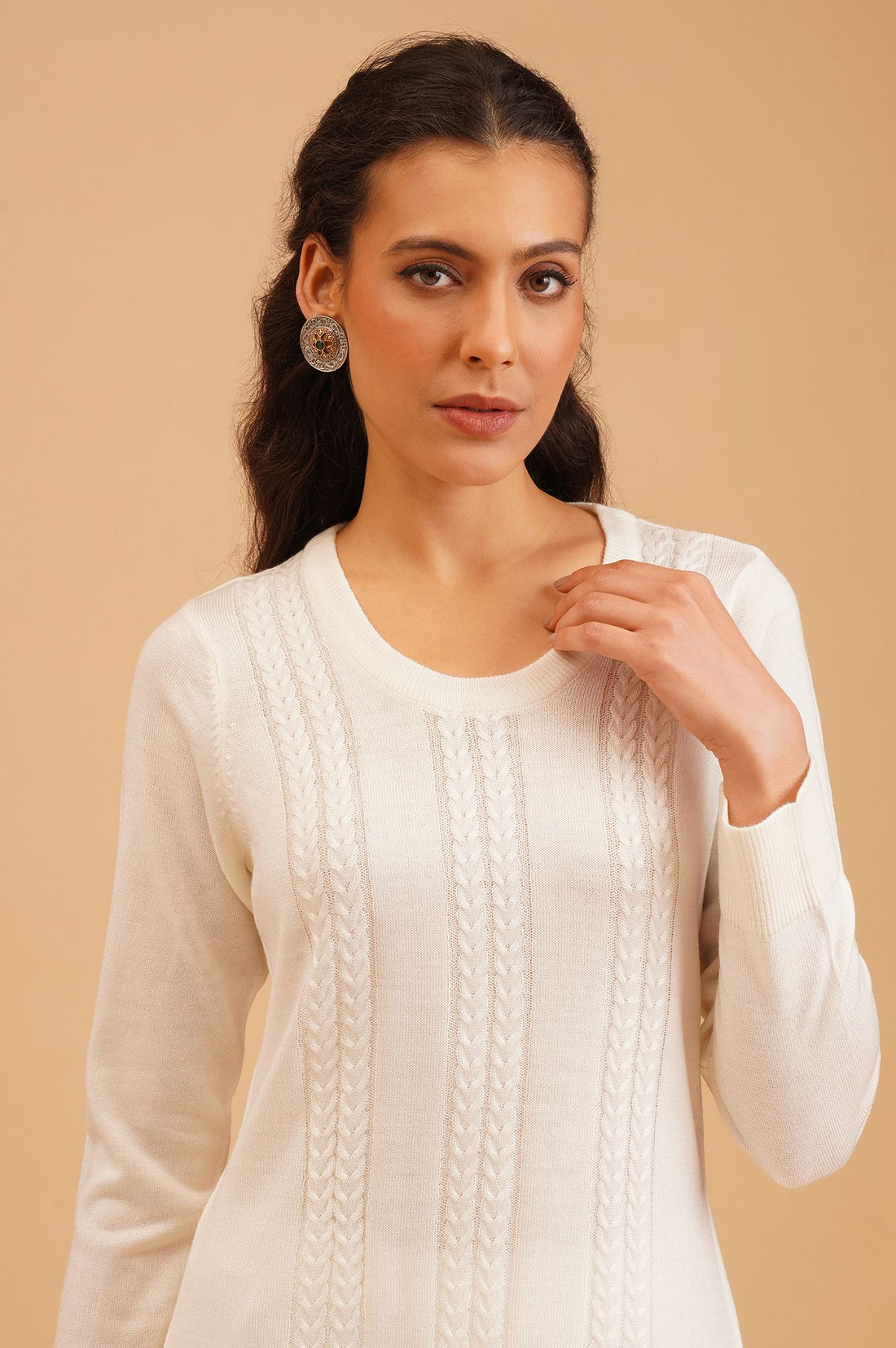 Off White Textured Acrylic Straight Winter Kurta
