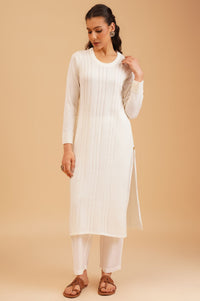 Off White Textured Acrylic Straight Winter Kurta