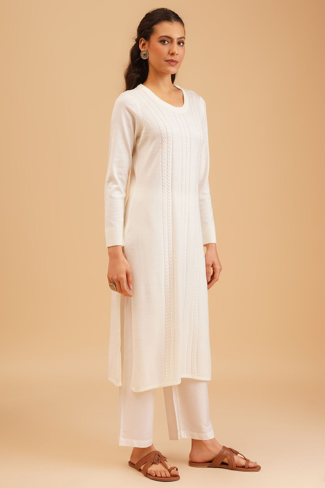Off White Textured Acrylic Straight Winter Kurta