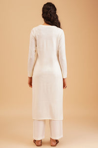 Off White Textured Acrylic Straight Winter Kurta