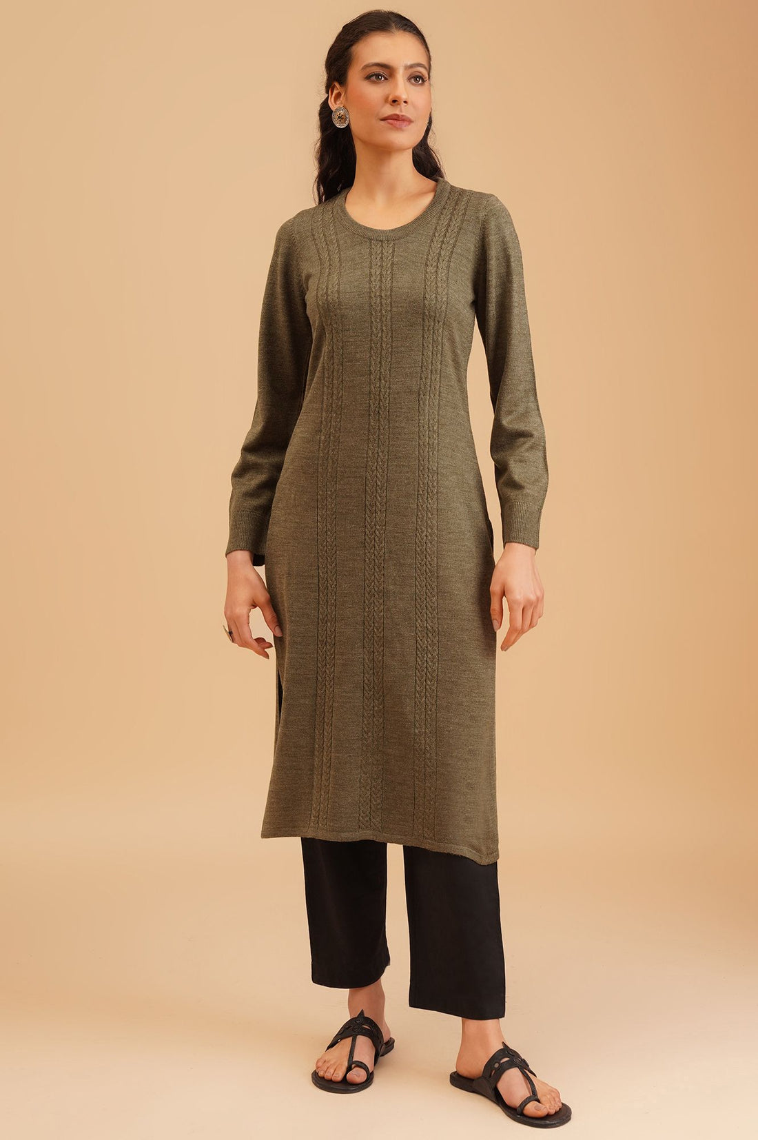 Olive Textured Acrylic Straight Winter Kurta