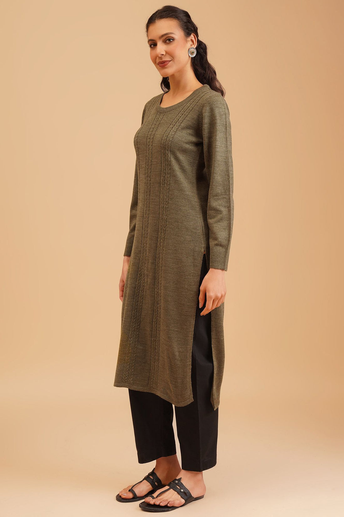 Olive Textured Acrylic Straight Winter Kurta