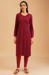 Maroon Textured Acrylic Straight Winter Kurta