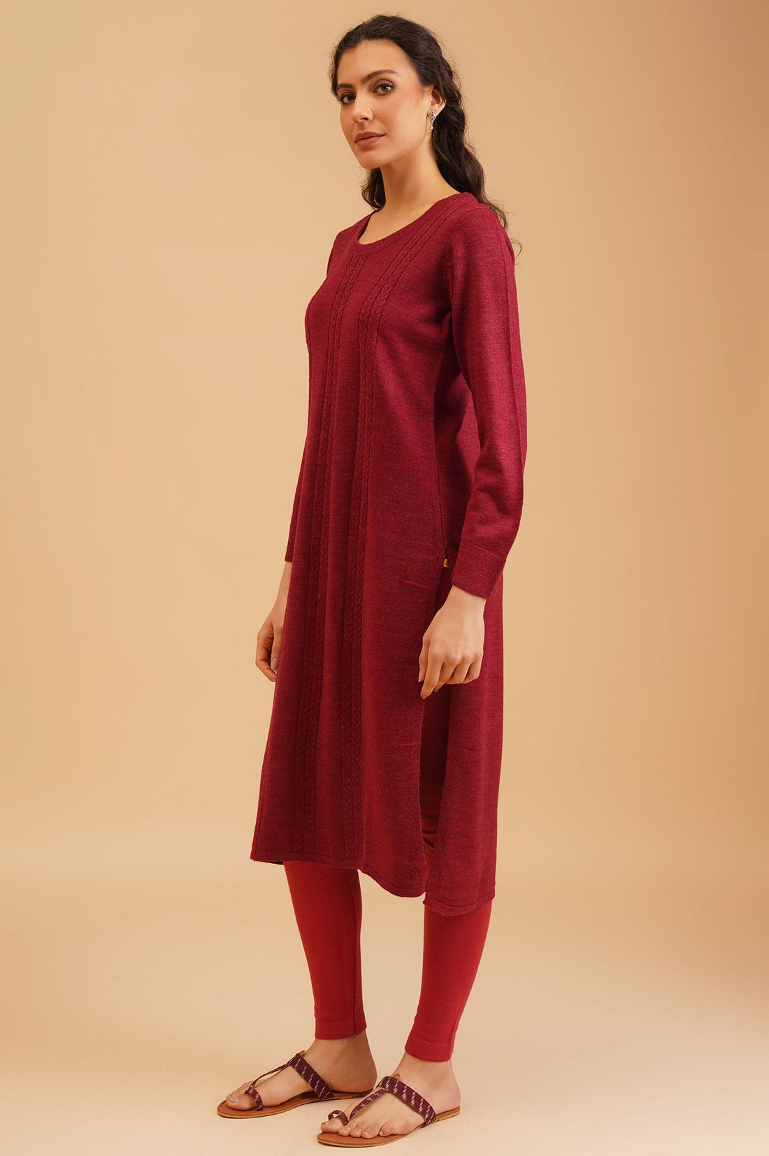 Maroon Textured Acrylic Straight Winter Kurta