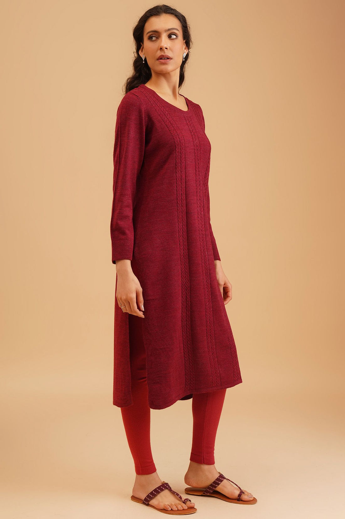 Maroon Textured Acrylic Straight Winter Kurta