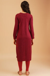 Maroon Textured Acrylic Straight Winter Kurta