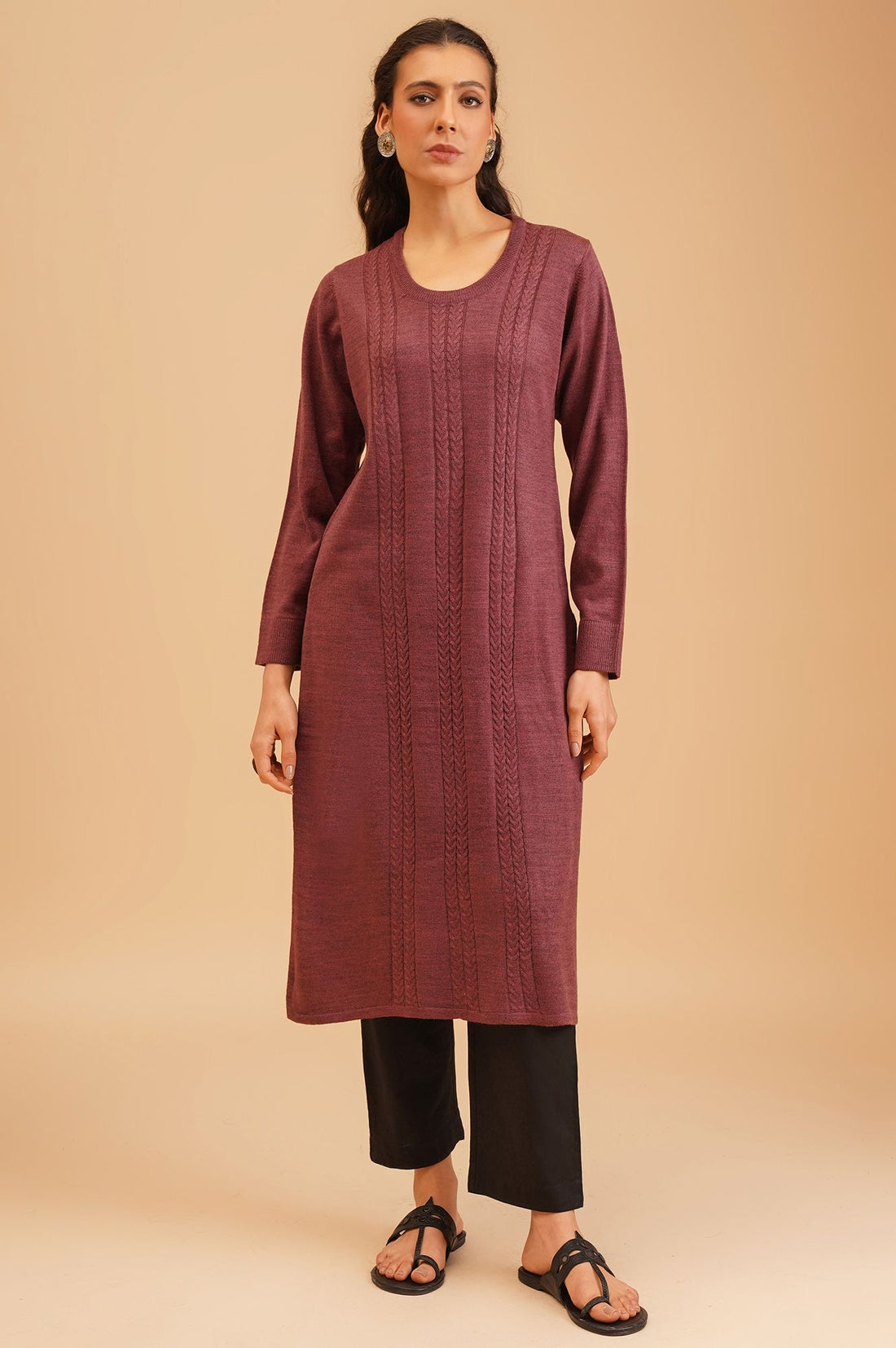 Burgundy Textured Acrylic Straight Winter Kurta