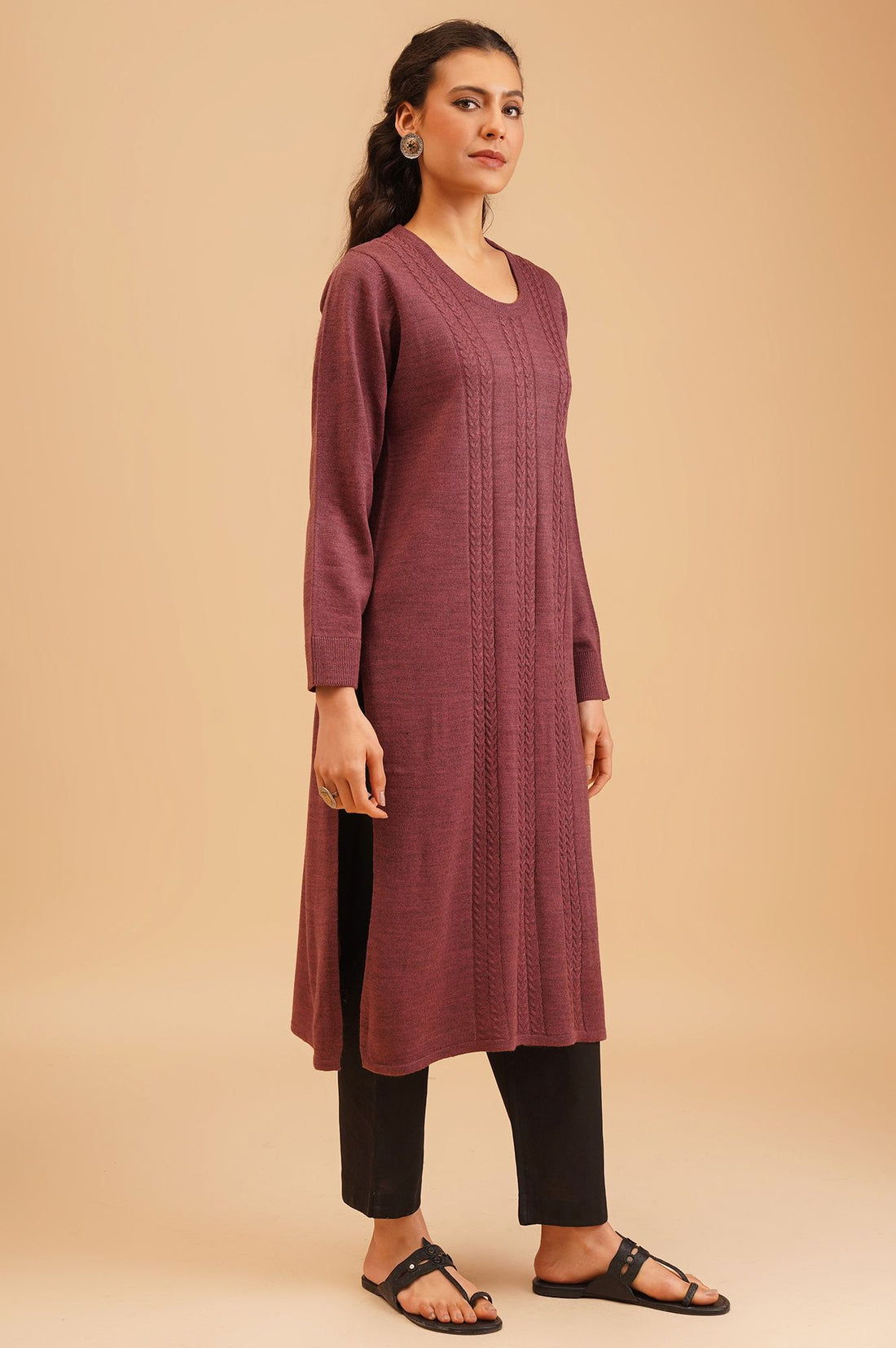 Burgundy Textured Acrylic Straight Winter Kurta