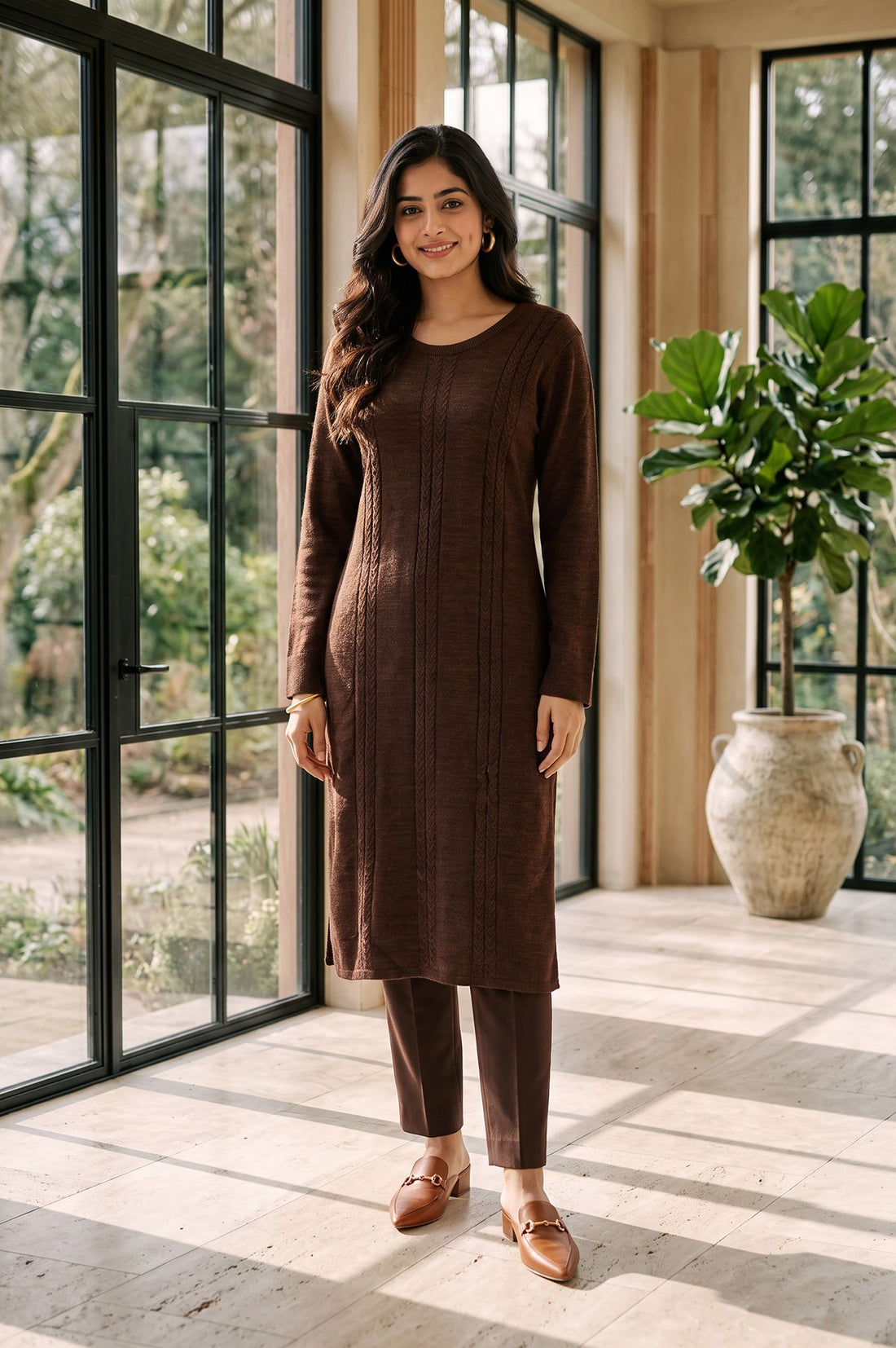 Brown Textured Yarn Dyed Acrylic Straight Winter Kurta