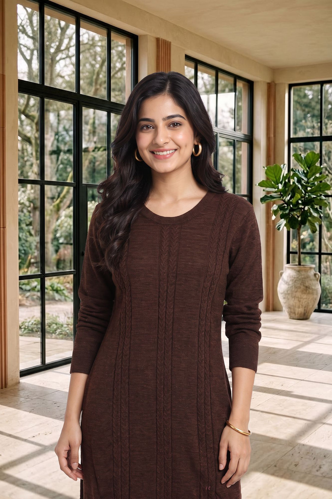 Brown Textured Yarn Dyed Acrylic Straight Winter Kurta