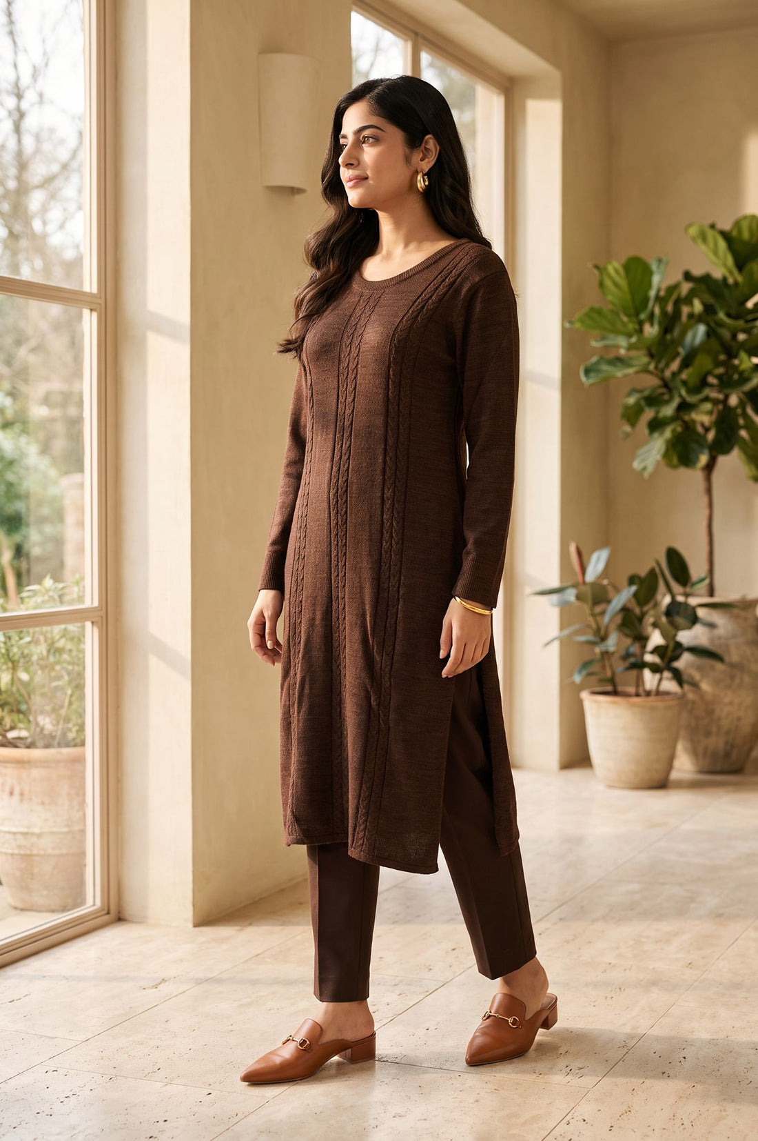 Brown Textured Yarn Dyed Acrylic Straight Winter Kurta