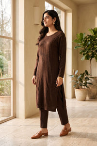 Brown Textured Yarn Dyed Acrylic Straight Winter Kurta