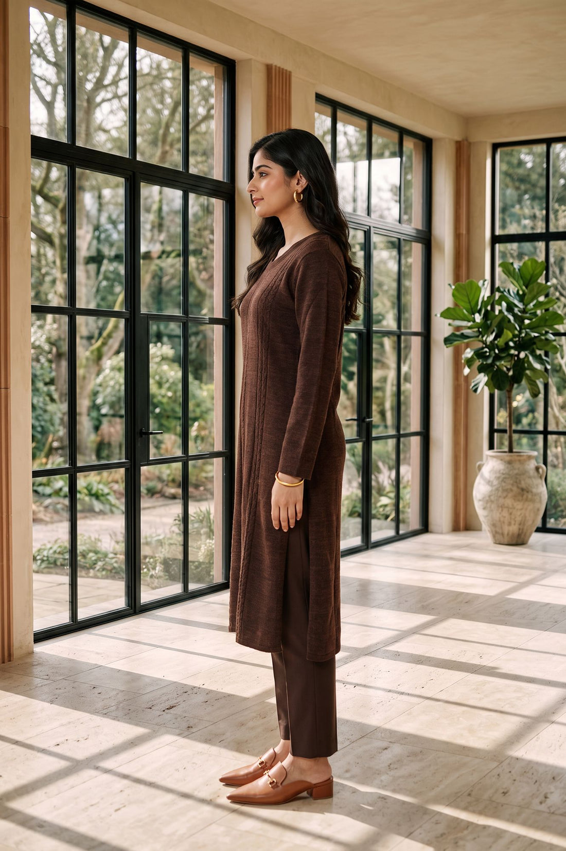 Brown Textured Yarn Dyed Acrylic Straight Winter Kurta