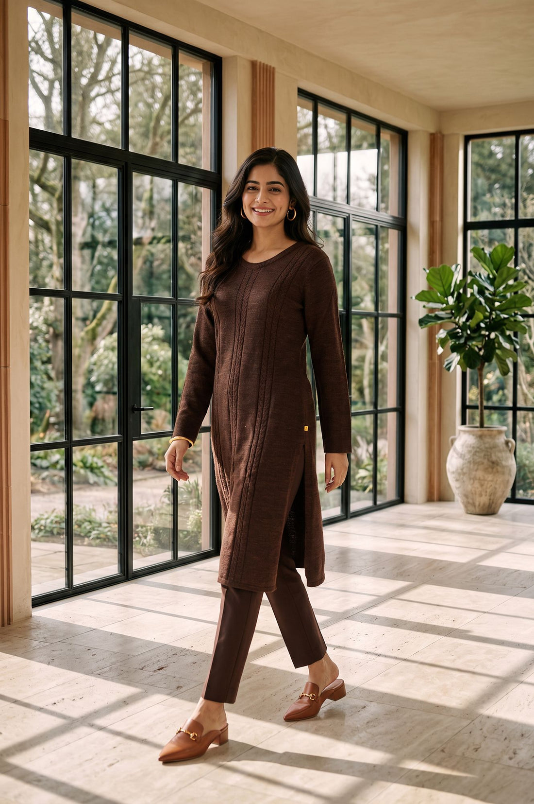Brown Textured Yarn Dyed Acrylic Straight Winter Kurta
