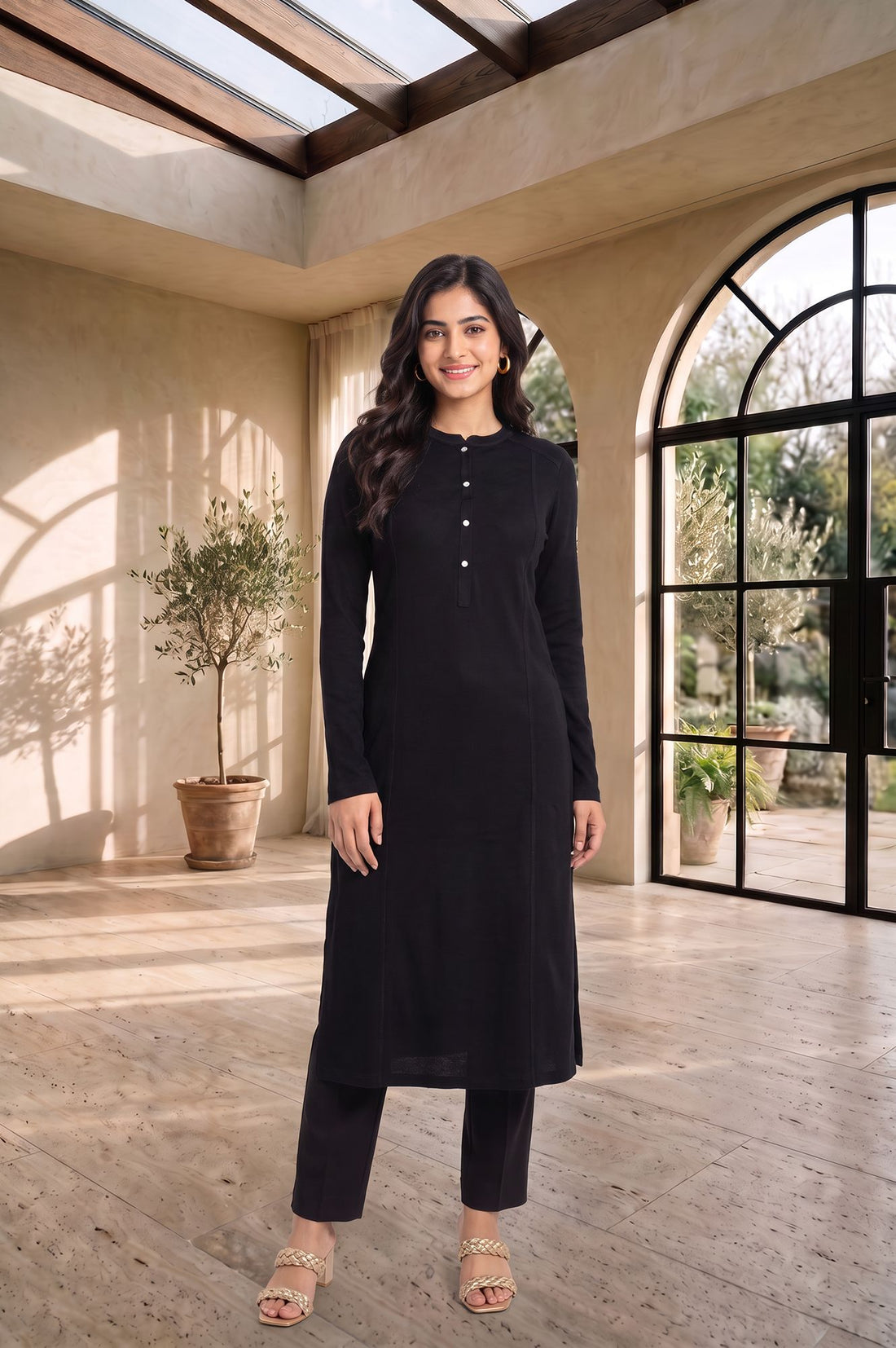 Black Solid Yarn Dyed Charme Acrylic Straight Winter Kurta