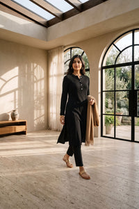 Black Solid Yarn Dyed Charme Acrylic Straight Winter Kurta