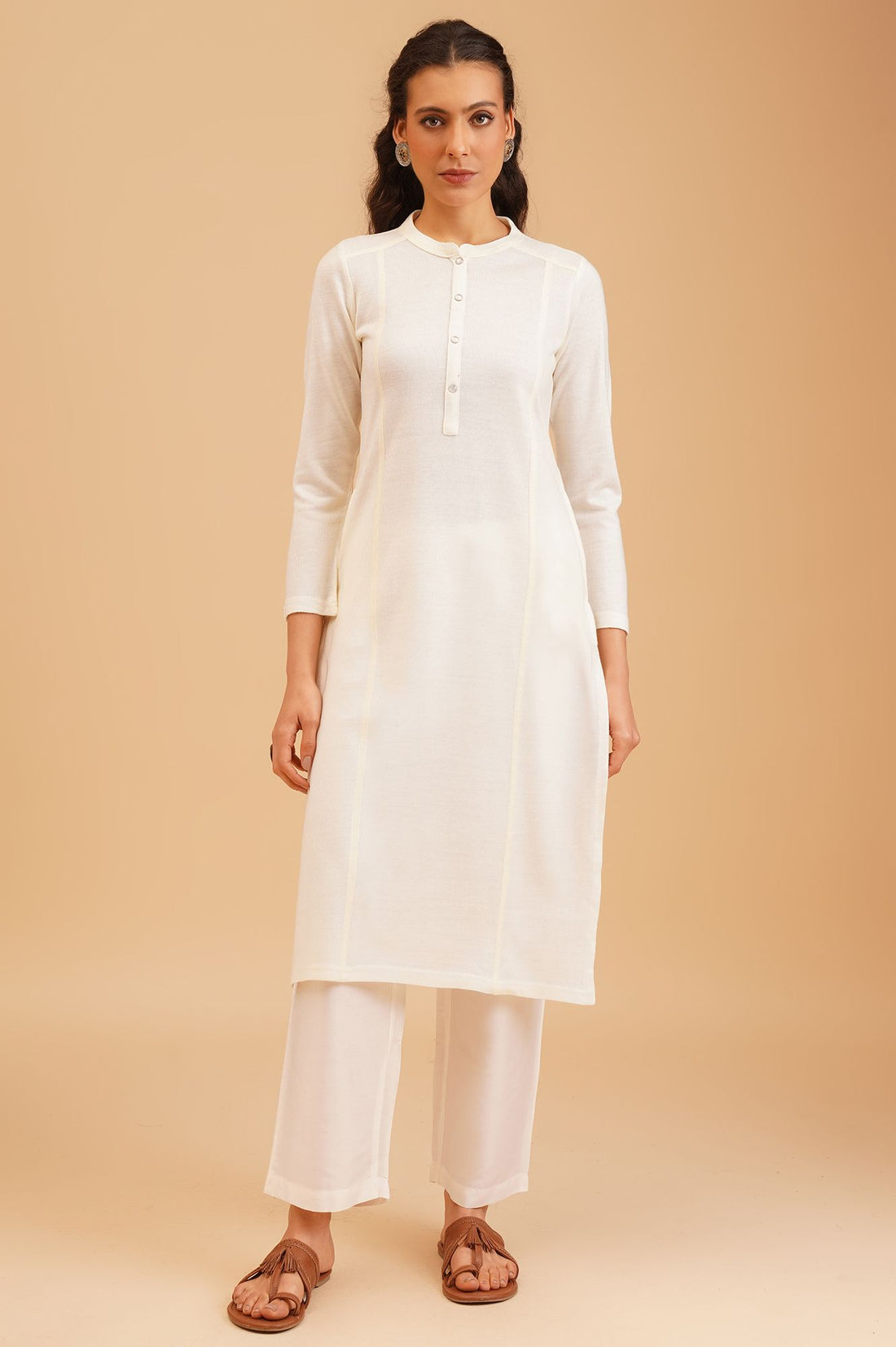 Off White Solid Acrylic Straight Winter Kurta