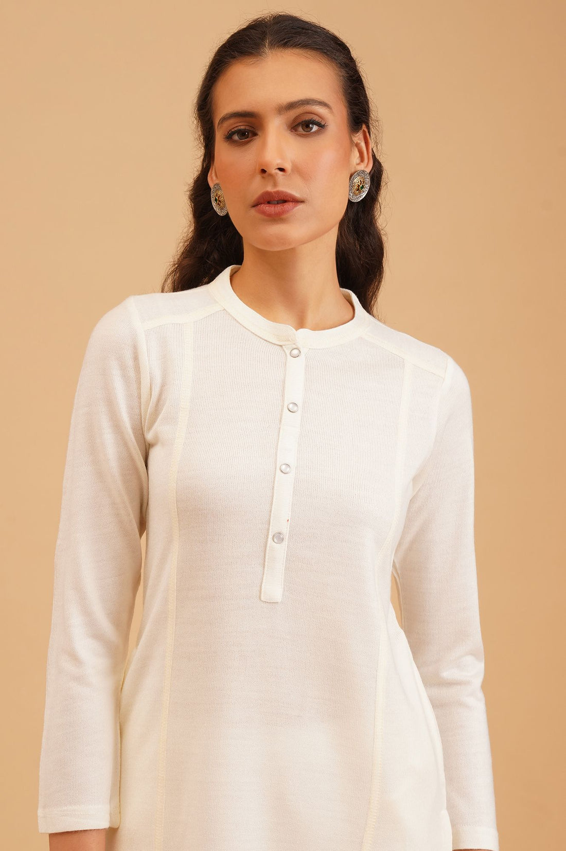 Off White Solid Acrylic Straight Winter Kurta