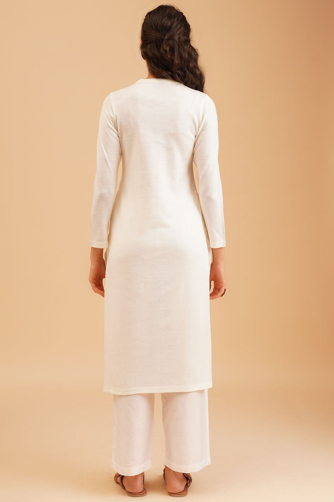 Off White Solid Acrylic Straight Winter Kurta
