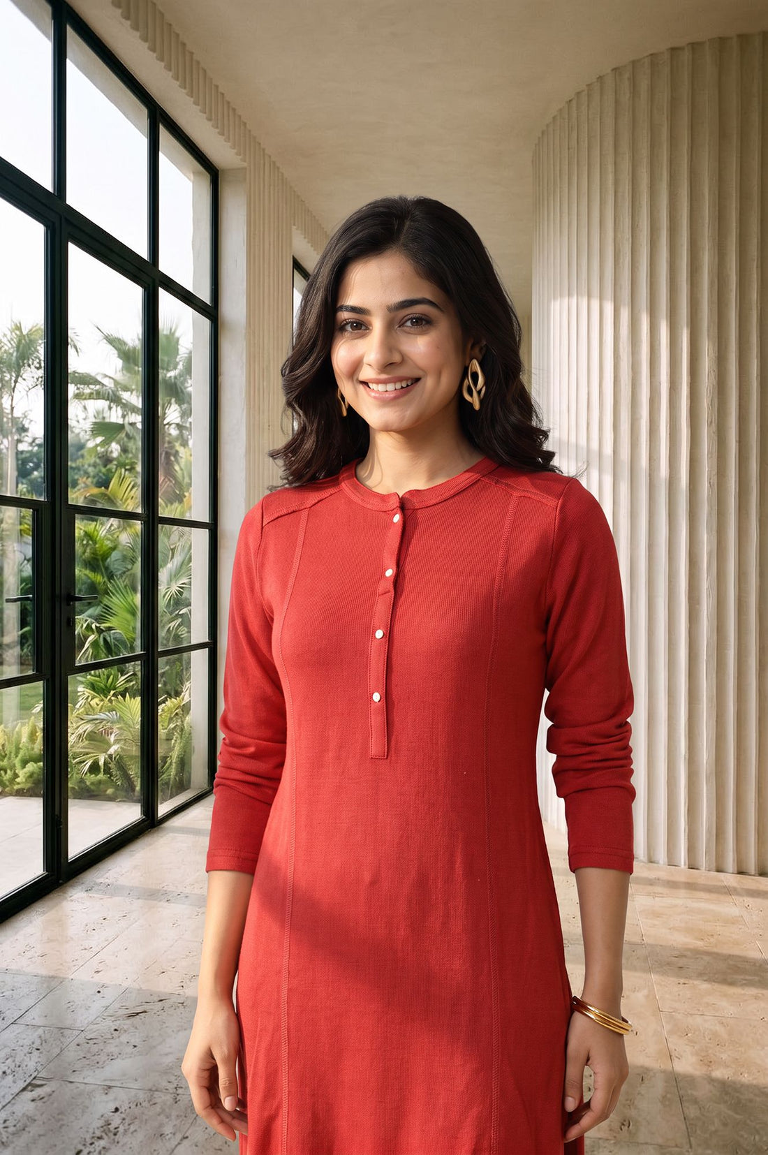 Red Solid Yarn Dyed Acrylic Straight Winter Kurta