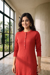 Red Solid Yarn Dyed Acrylic Straight Winter Kurta