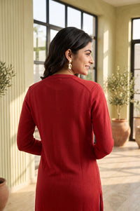 Red Solid Yarn Dyed Acrylic Straight Winter Kurta