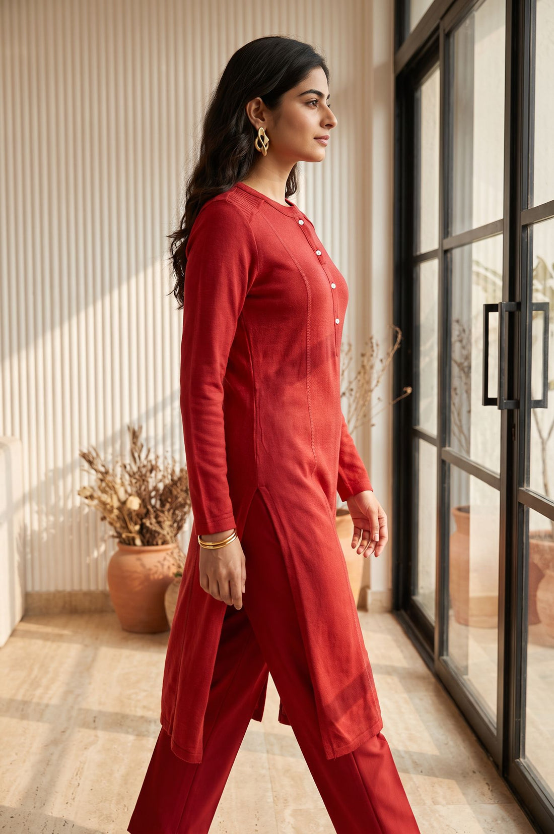 Red Solid Yarn Dyed Acrylic Straight Winter Kurta