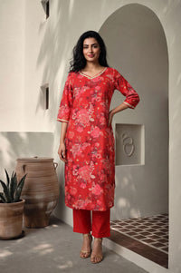 Red Floral Printed Cotton Silk Straight Kurta with Lace