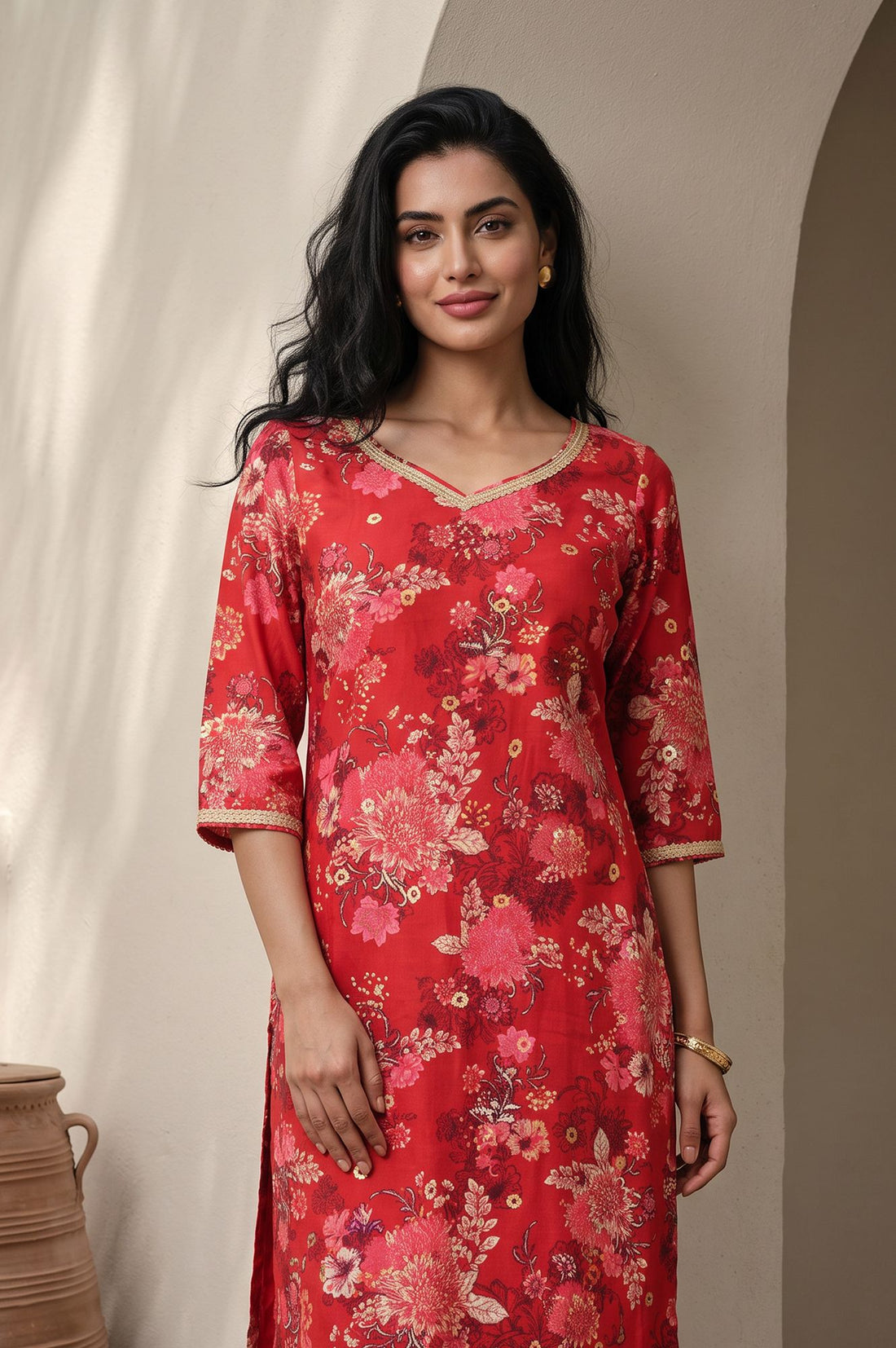Red Floral Printed Cotton Silk Straight Kurta with Lace