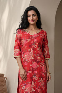 Red Floral Printed Cotton Silk Straight Kurta with Lace