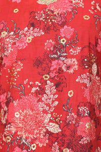 Red Floral Printed Cotton Silk Straight Kurta with Lace