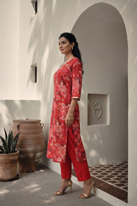 Red Floral Printed Cotton Silk Straight Kurta with Lace