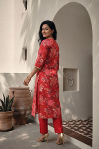 Red Floral Printed Cotton Silk Straight Kurta with Lace