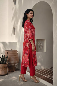 Red Floral Printed Cotton Silk Straight Kurta with Lace