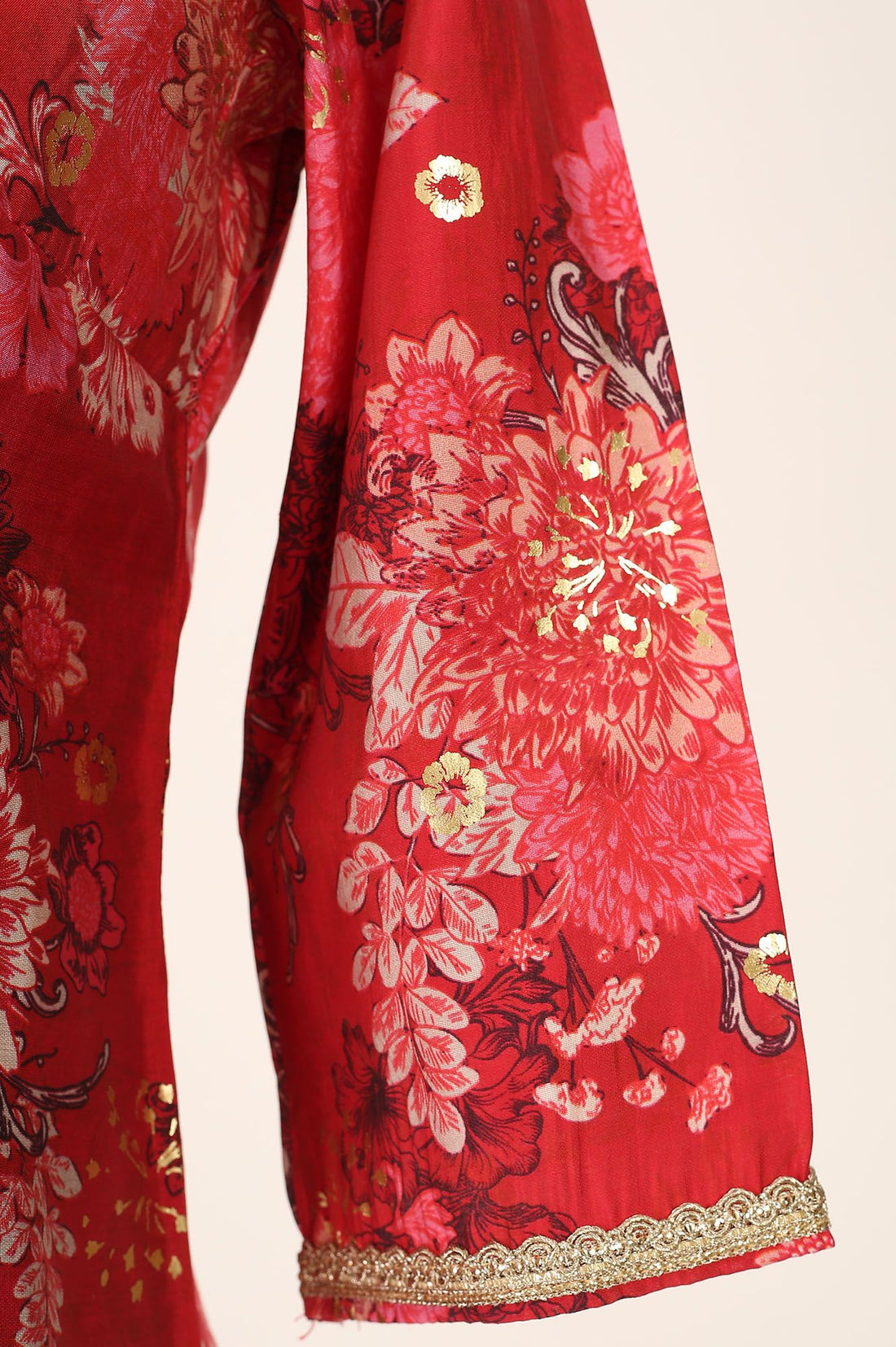 Red Floral Printed Cotton Silk Straight Kurta with Lace