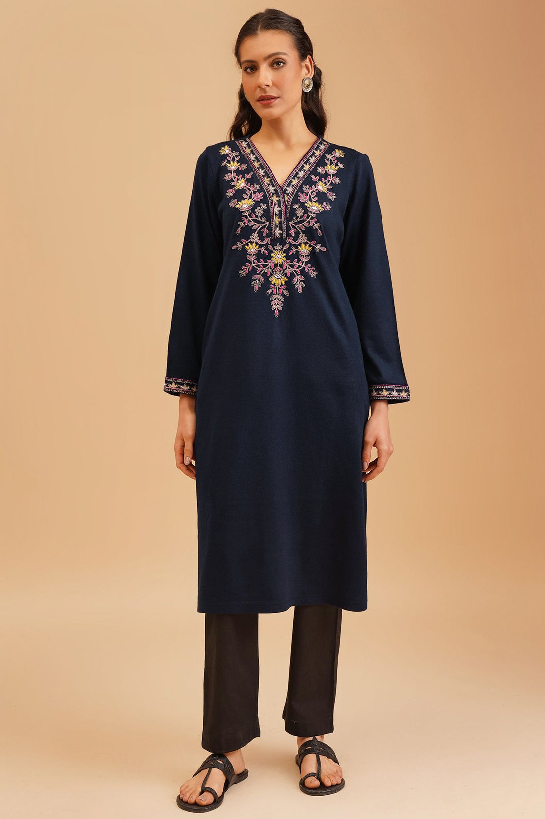 Navy Blue Embroidered Acrylic Straight Winter Kurta